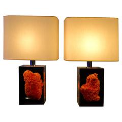 Pair of 1970s Lucite and Coral Inlaid Lamps