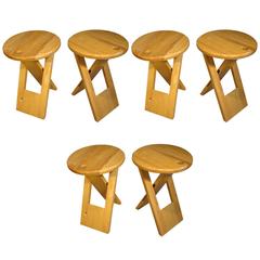 Set of Six Foldable Stools, in Maple, by Roger Tallon for Sentou, France, 1970s
