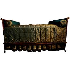 Antique Sumptuous French Faux-Bamboo Gilt Iron Campaign Bed in Green Silk, 19th Century