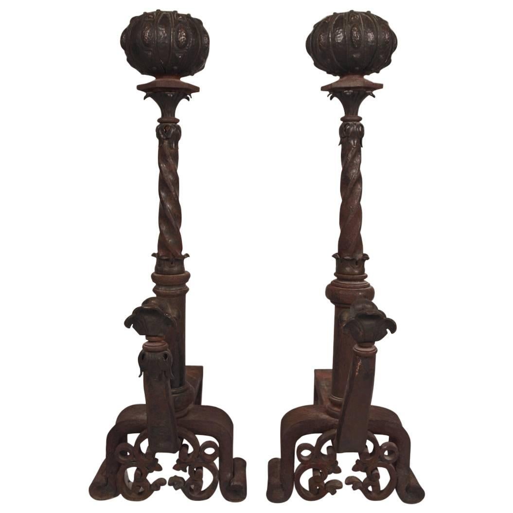  19th Century Pair of Italian Iron and Bronze Andirons