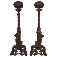  19th Century Pair of Italian Iron and Bronze Andirons