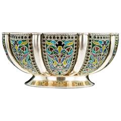 Antique Russian Khlebnikov Solid Silver & Plique-a-jour Enamel Bowl, circa 1910