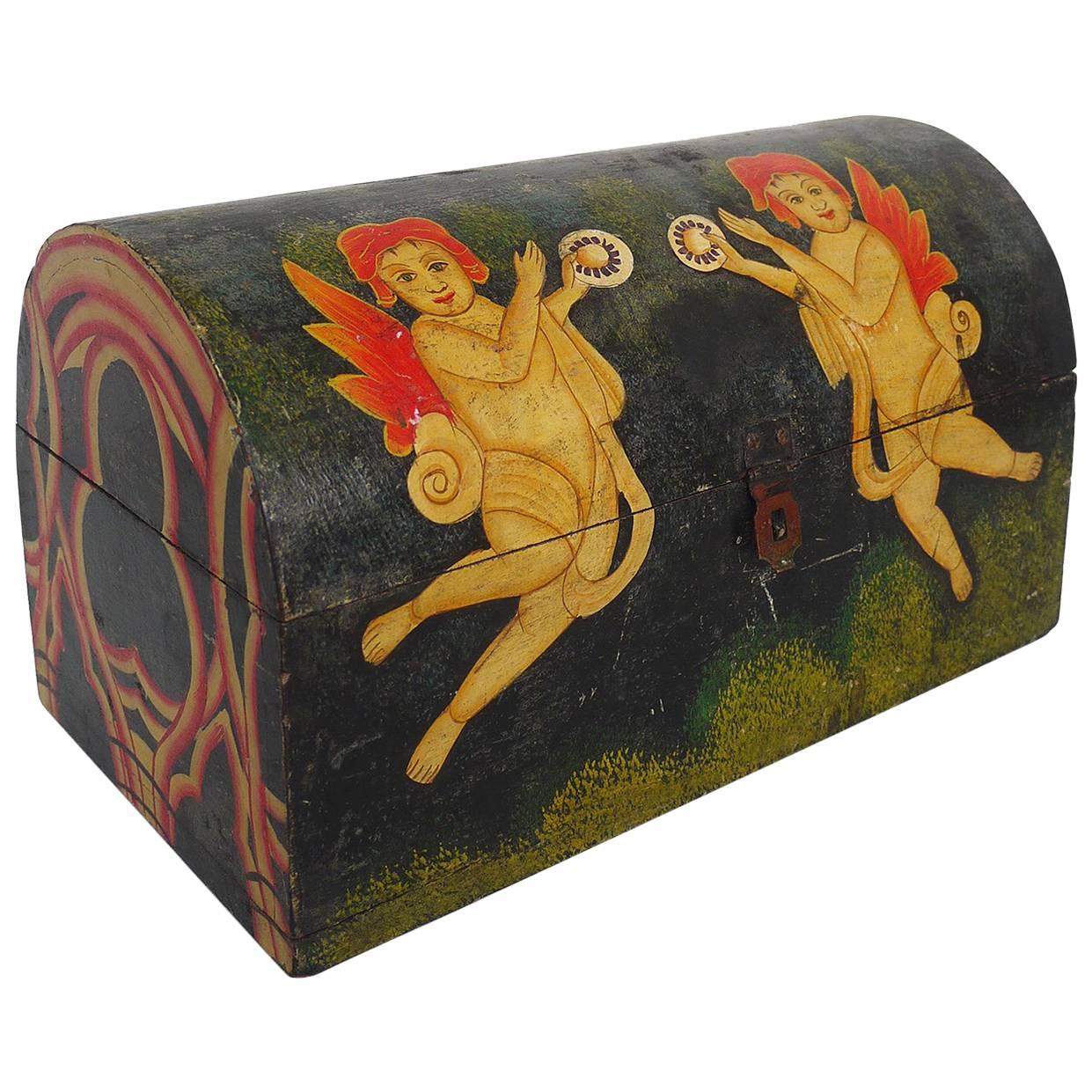 European 19th Century Painted Wooden Dome Top Box Folk Art For Sale