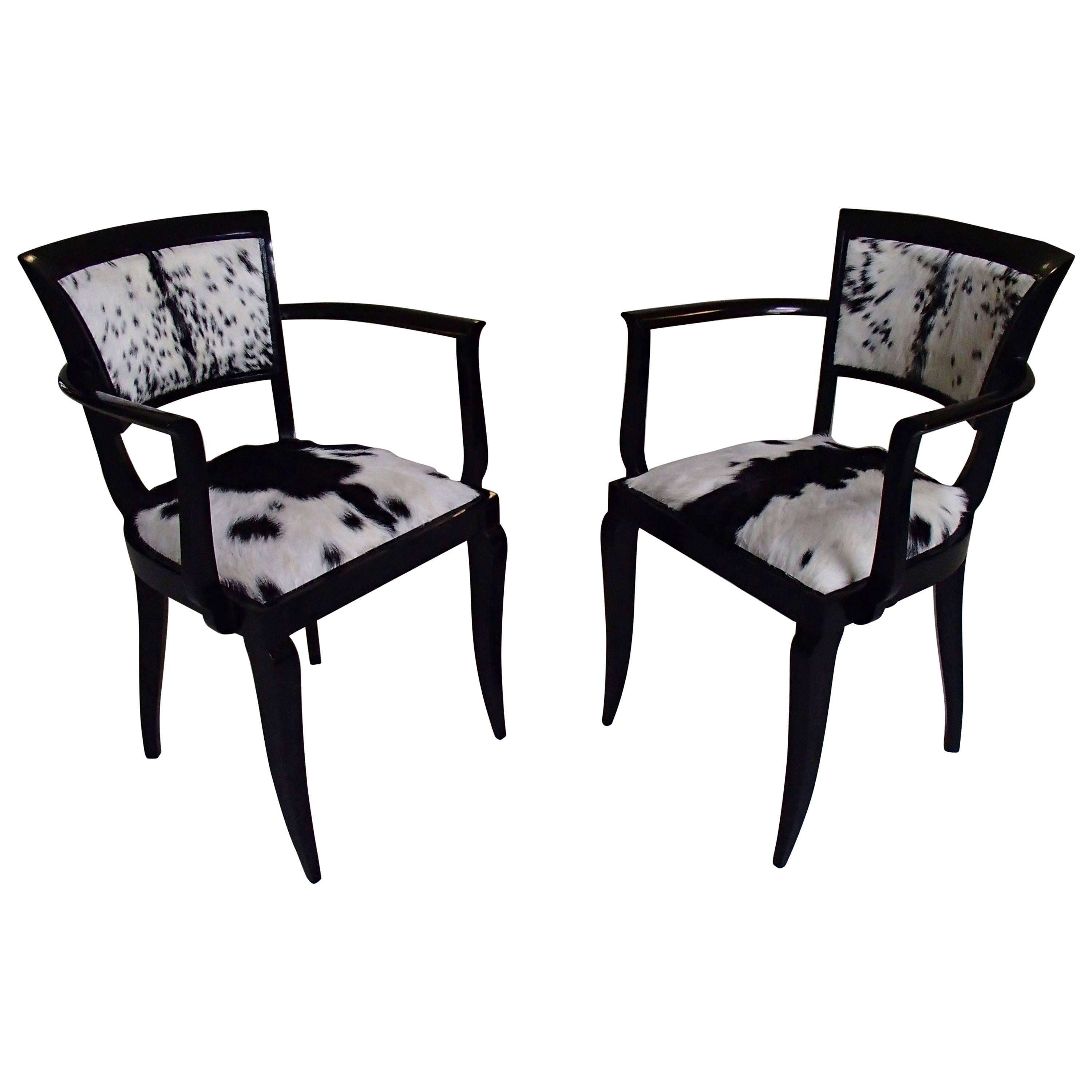 Pair of Art Deco Side Chairs Black Recovered with Black and White Goat Skin