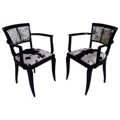 Pair of Art Deco Side Chairs Black Recovered with Black and White Goat Skin