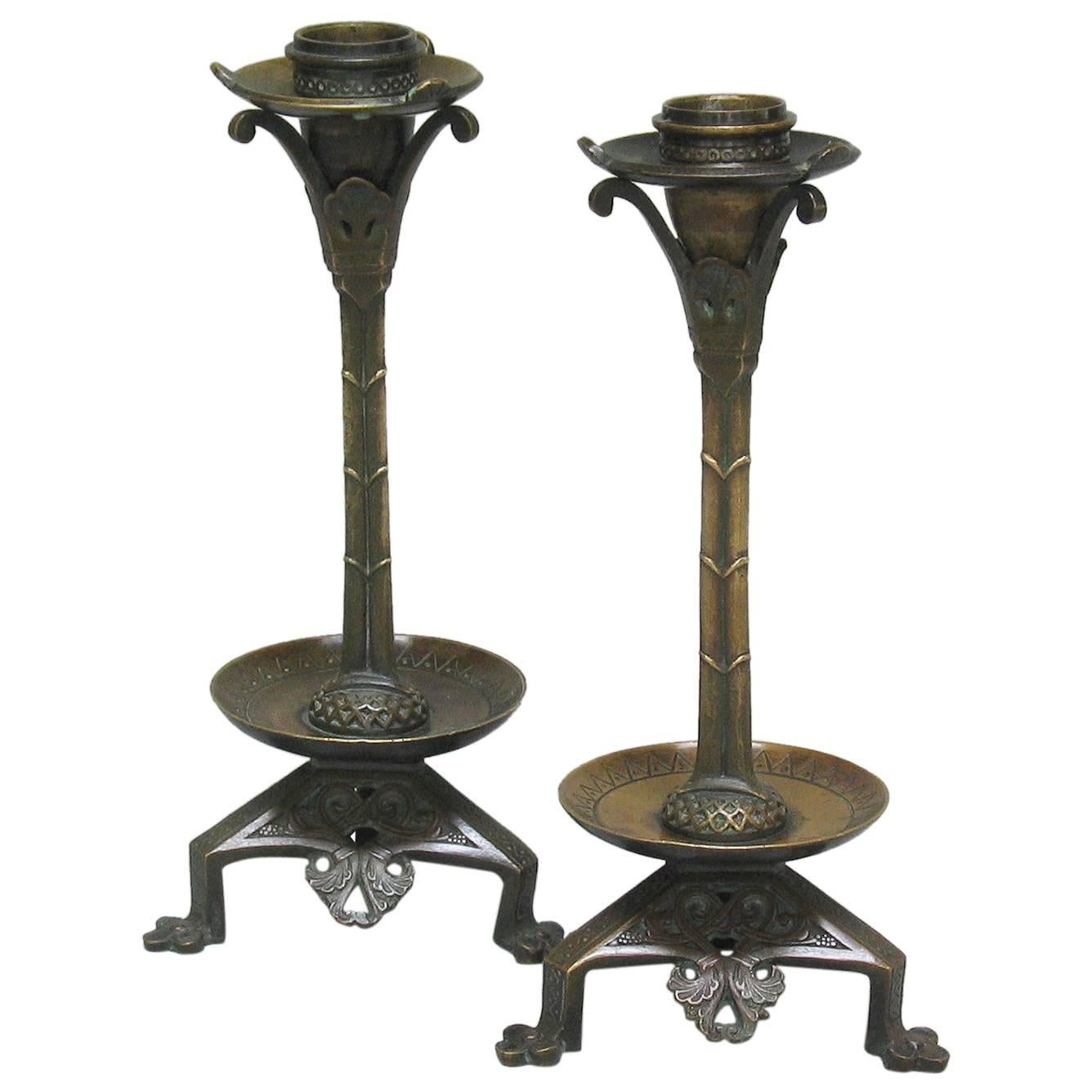 Pair of Neo-Gothic Bronze Candlesticks, Done in the Manner of A. W. N. Pugin For Sale