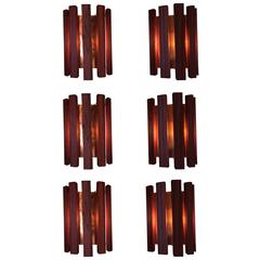 Set of Six Rosewood and Brass Wall Lights by Werner Schou for Coronell