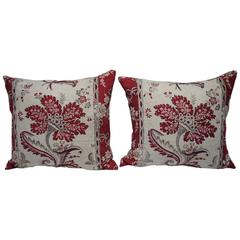 Used Pair of 18th Century French Block Printed Pillows with Stylised Flower