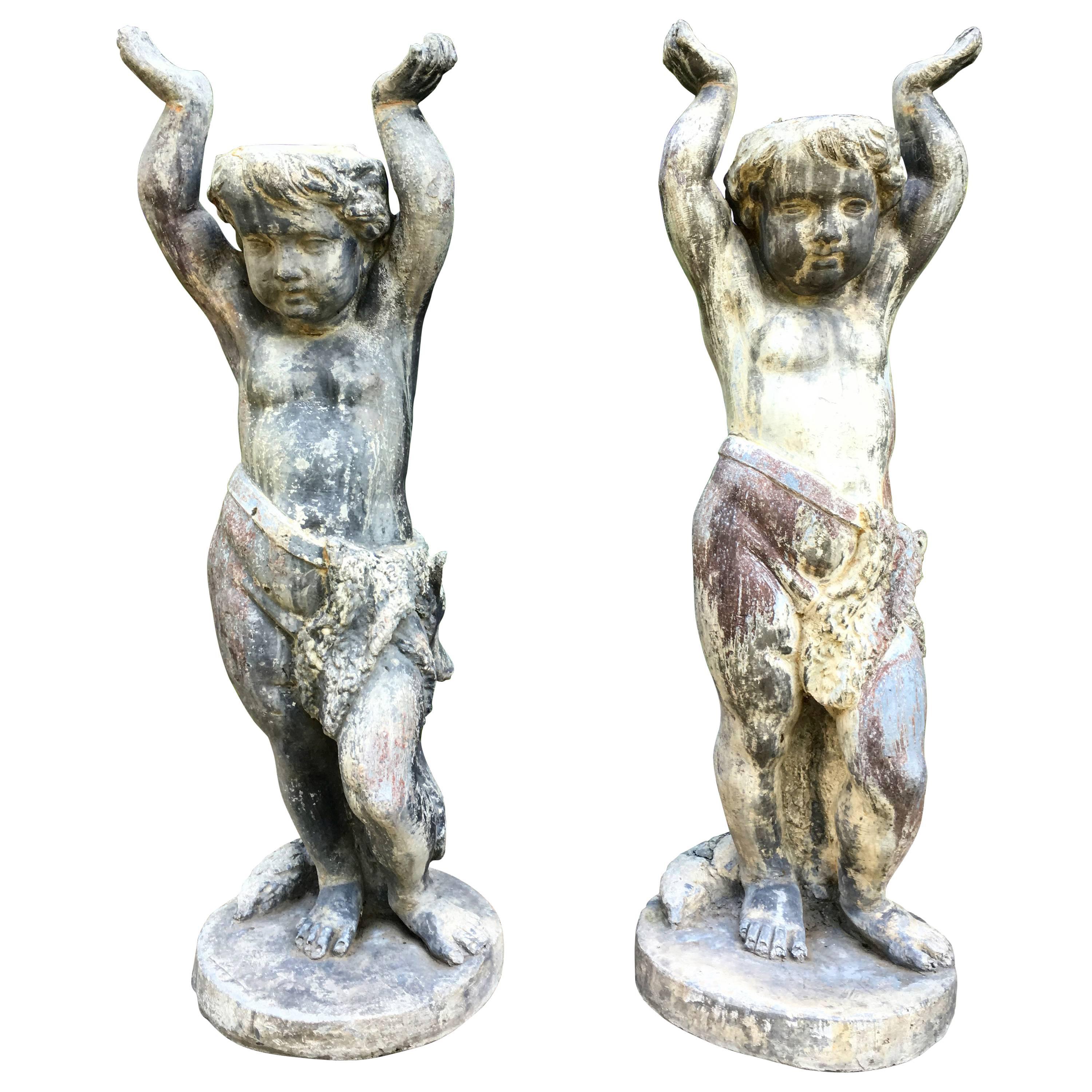 Pair of English Lead Putti Table Bases or Plant Holders For Sale