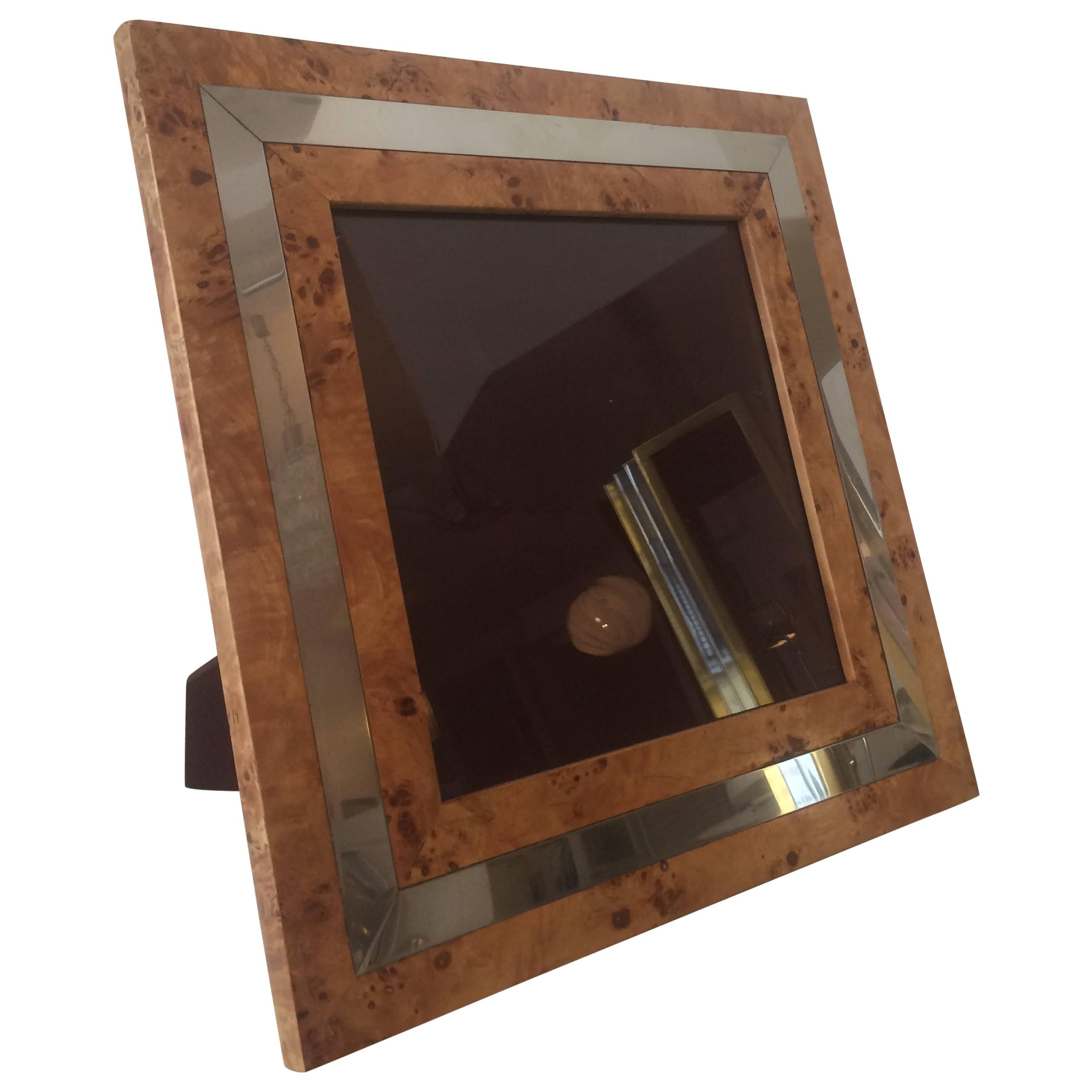 1970s Burl Wood and Chrome Picture Frame