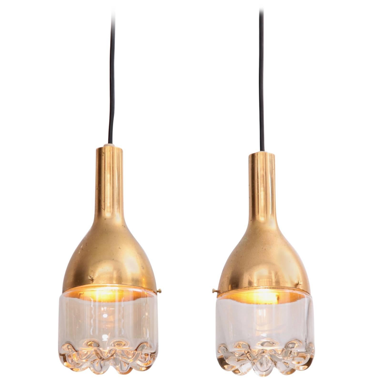One 1960s Pendant Lamp in Brass and Glass