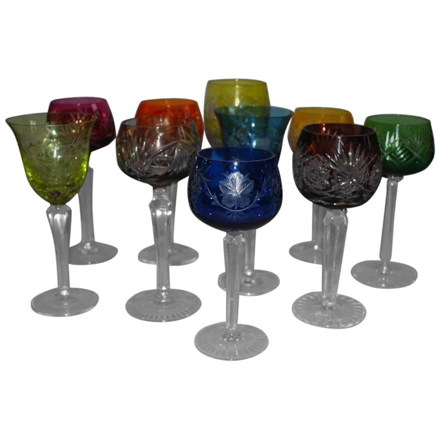 Lot of Ten Different Bohemian Crystal Wine Goblets/Glasses