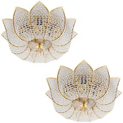 Two Palwa Flush Mount Lights, Gilt Brass Crystal Glass, 1970