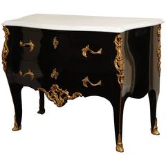 French Louis XV Style Black Lacquered Chest of Drawers with White Marble Top