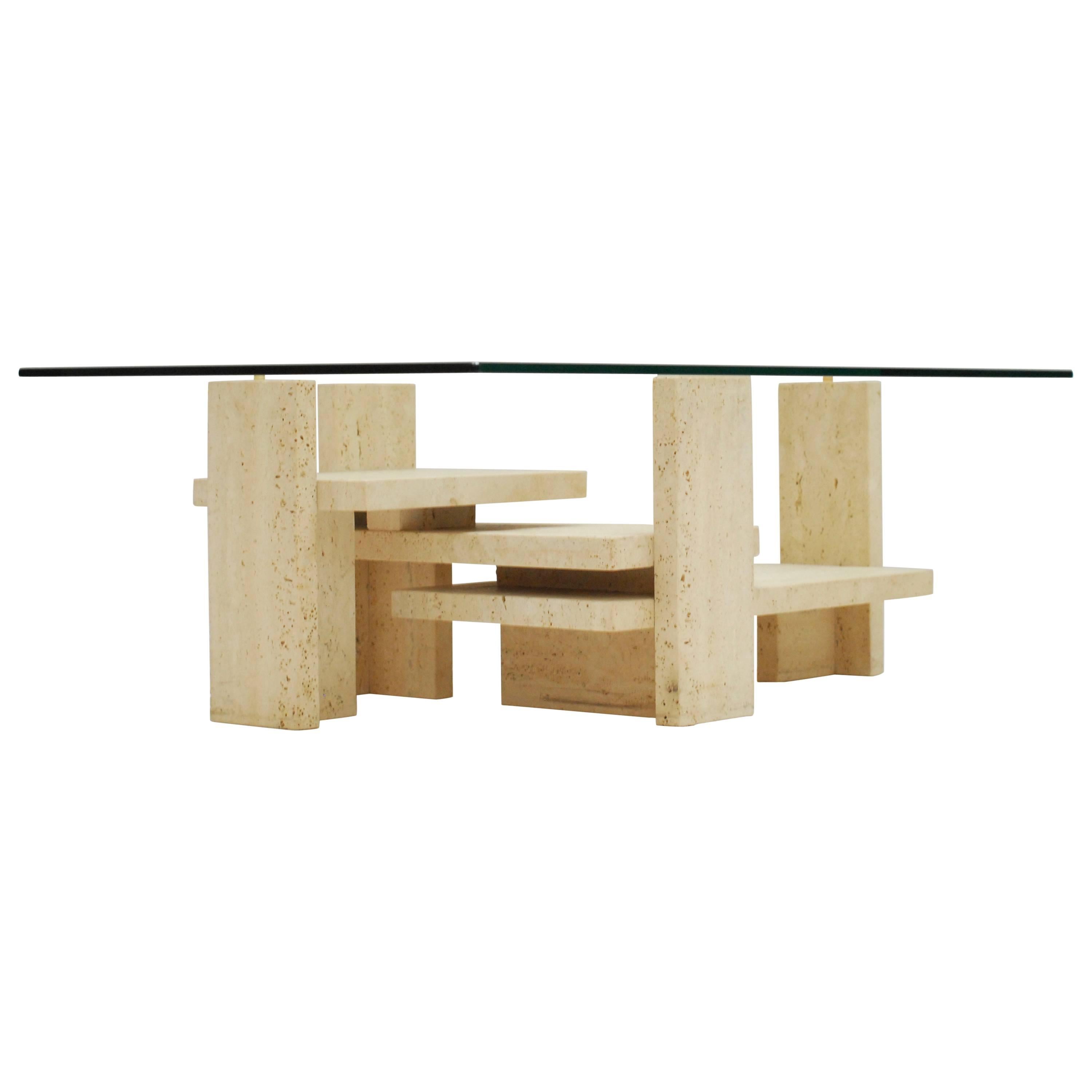 Willy Ballez Constructivist Travertine Coffee Table For Sale