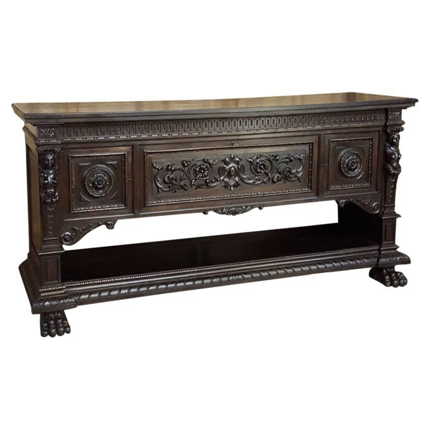 Antique Italian Renaissance Hand-Carved Walnut Buffet with Display Shelf