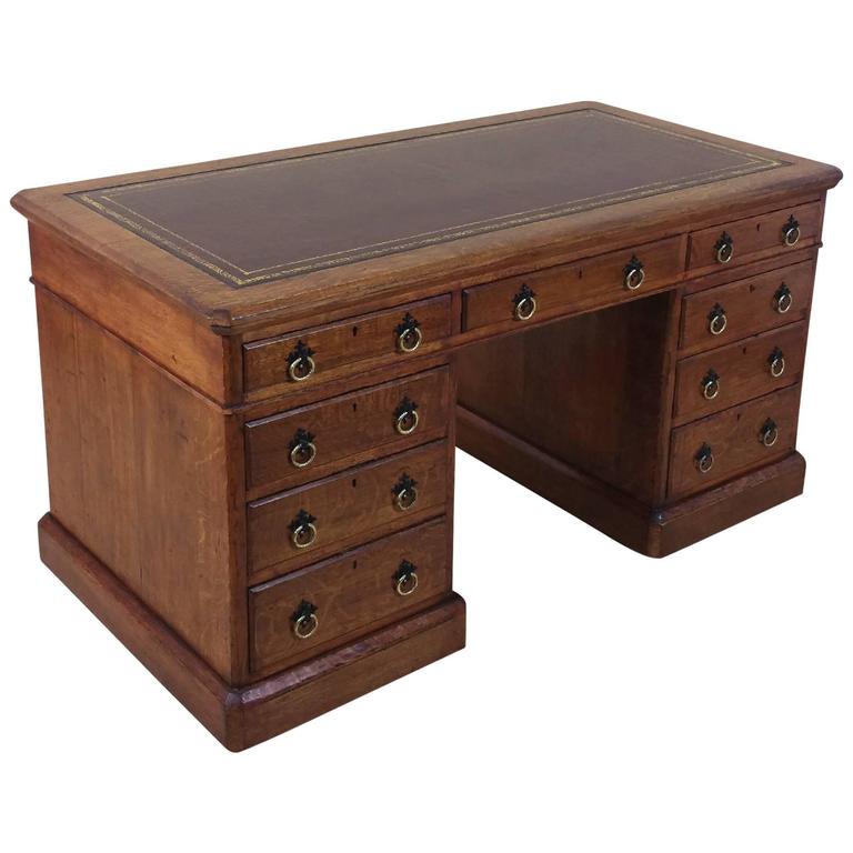 Victorian Gothic Oak Nine Drawer Pedestal Desk With Leather Top For Victorian Gothic Oak Nine Drawer Pedestal Desk With Leather Top For