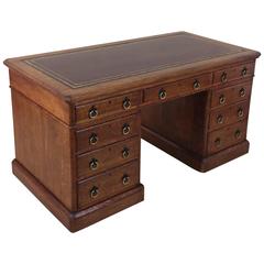 Victorian Gothic Oak Nine-Drawer Pedestal Desk with Leather Top 2