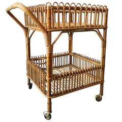 Vintage Bamboo Bar Cart with Bottle Holders and Brass Wheels