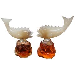 Pair of 1920s Murano Glass Fish Decanters