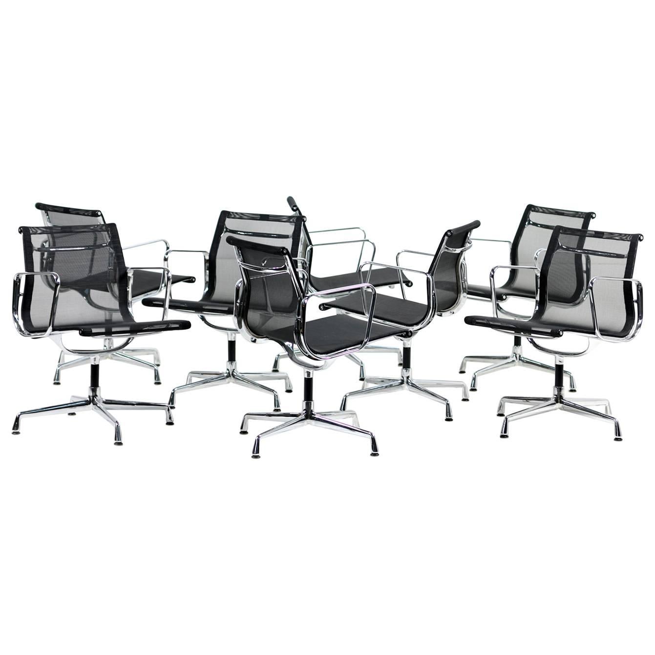 Set of Eight Vitra Office Swivel Chairs EA 108, Charles & Ray Eames Chrome