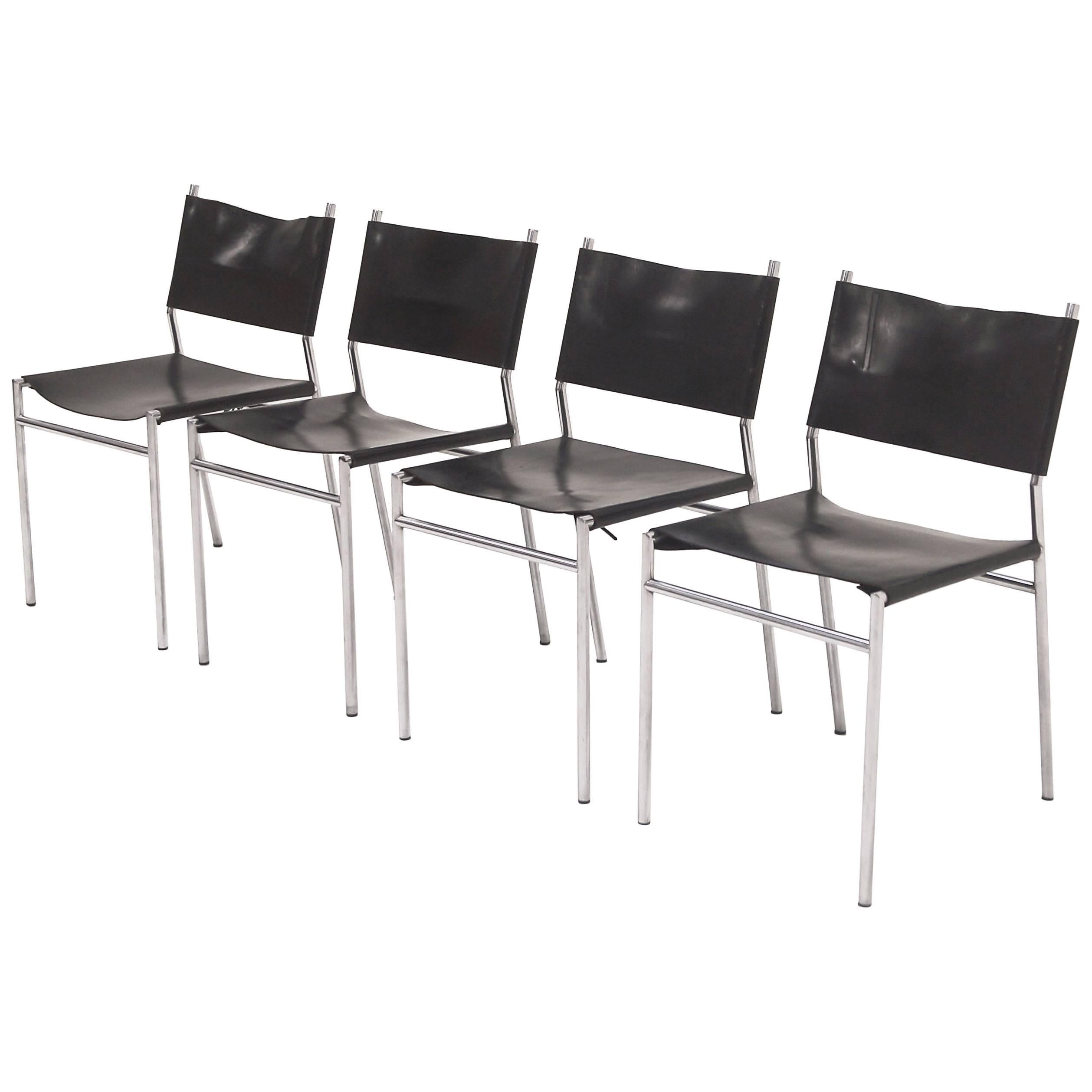 Set of Four Martin Visser Dining Chairs in Black Leather for 'T Spectrum, 1960s For Sale