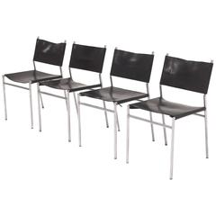 Set of Four Martin Visser Dining Chairs in Black Leather for 'T Spectrum, 1960s