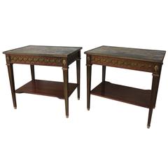 Antique Marble Top Side Tables with Brass Details and Sabots