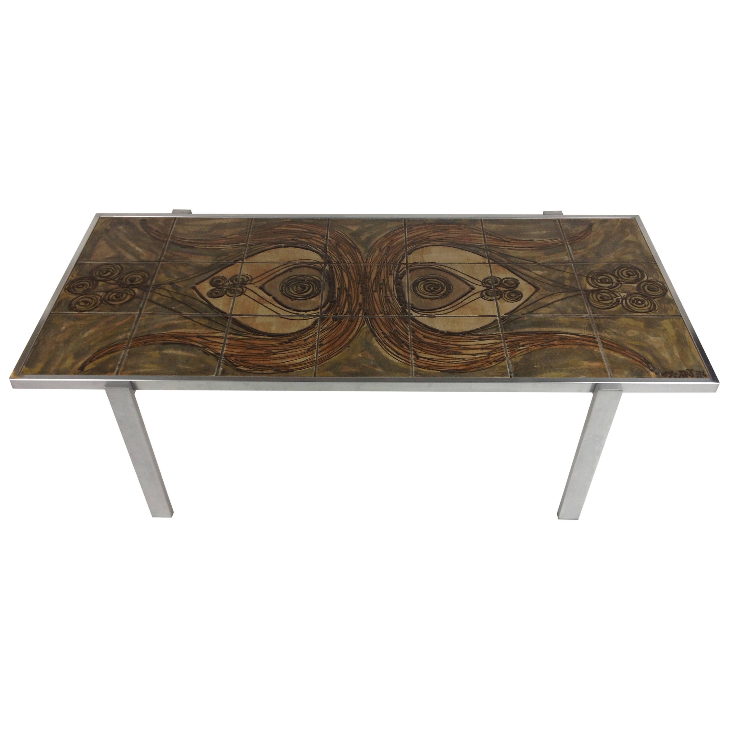 Incredible Rare Danish Modern Ox Art Tile & Metal Coffee Table, Dyrlund, Signed For Sale