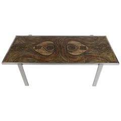 Incredible Rare Danish Modern Ox Art Tile & Metal Coffee Table, Dyrlund, Signed