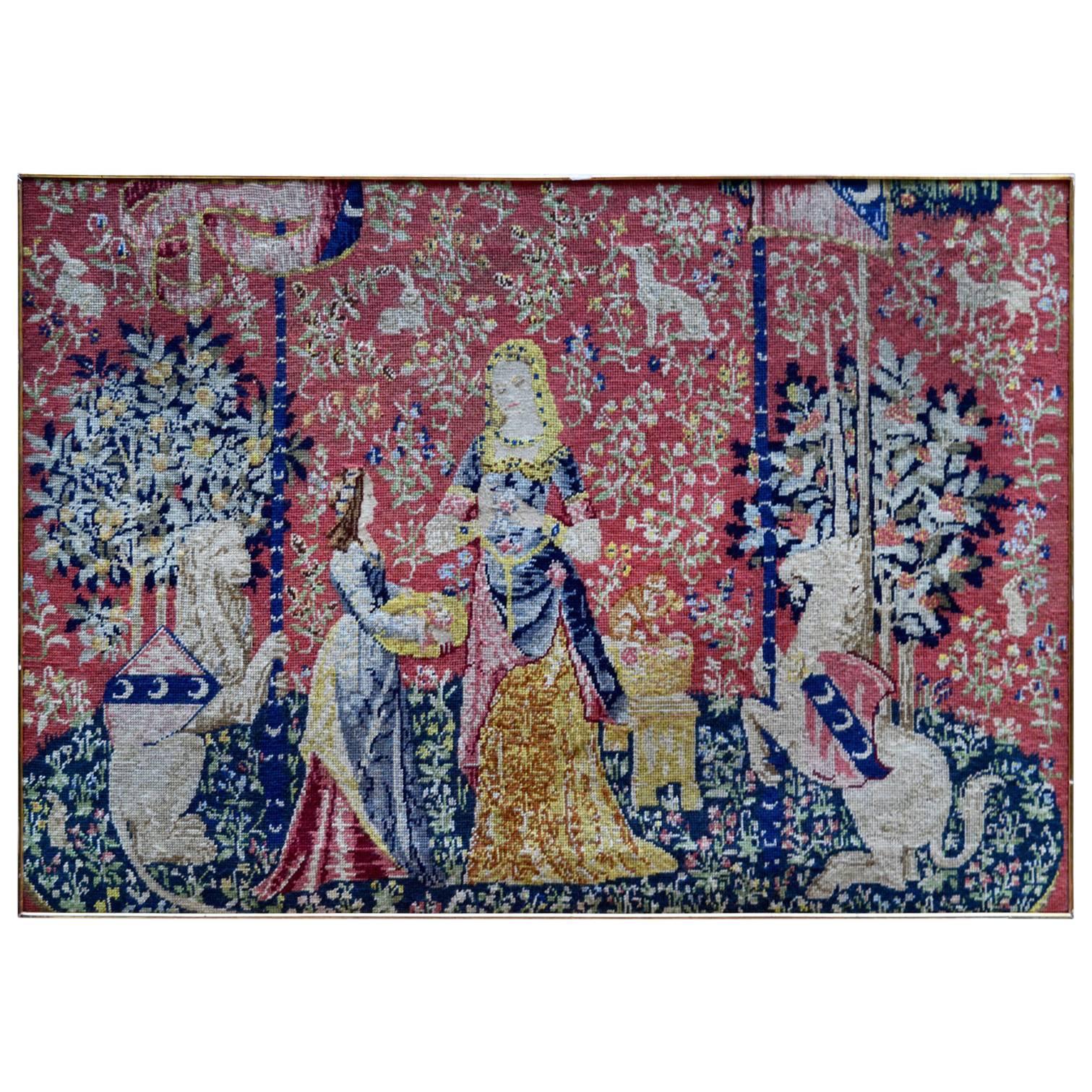 Medieval Style Flemish Needlework Tapestry of a Lion, Maidens and Unicorn