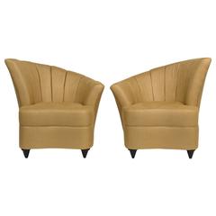 Pair of Shell Shaped Linen Upholstered Armchairs, 1980s