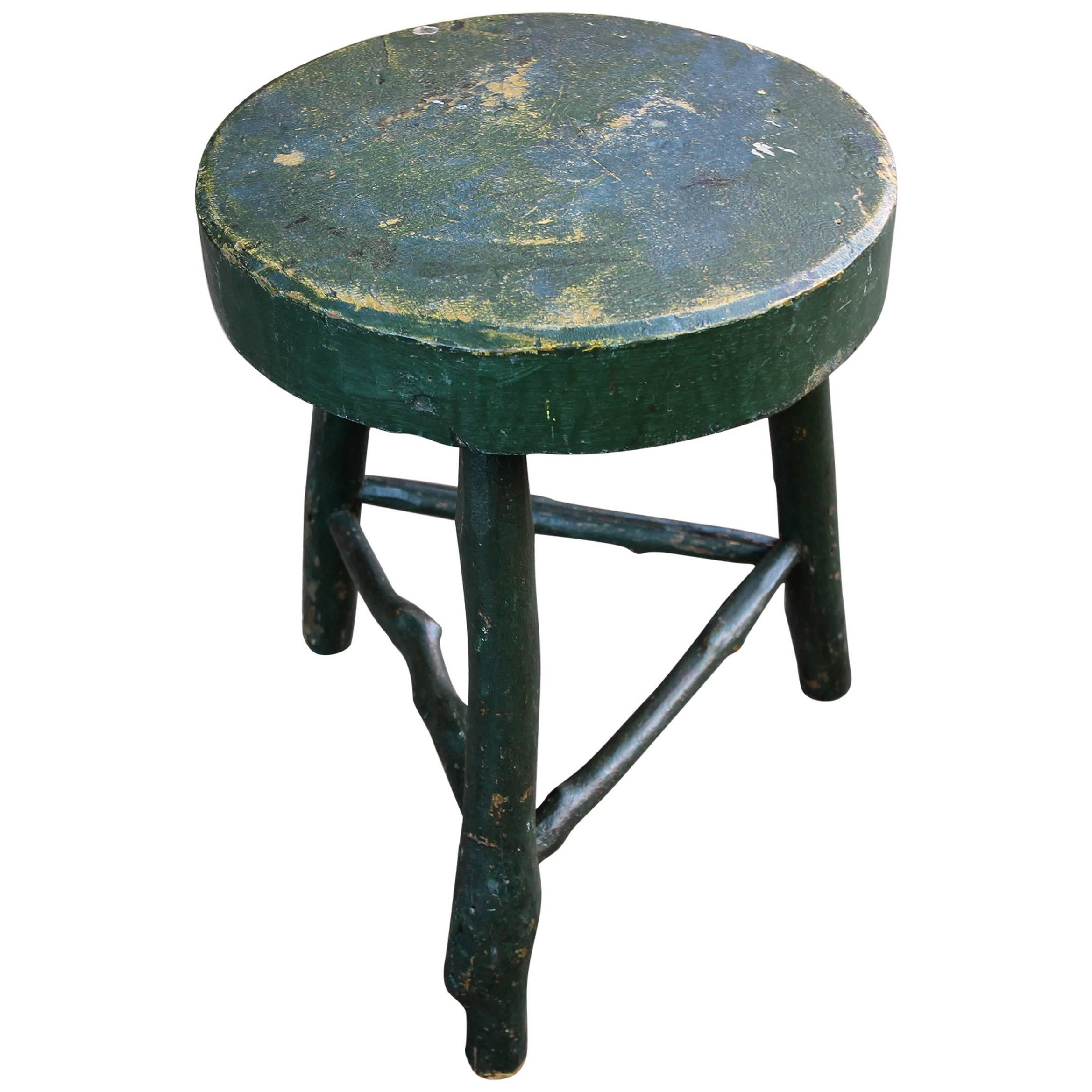 Carved and Painted Tripod Stool with Twig Base, American, Late 19th Century For Sale