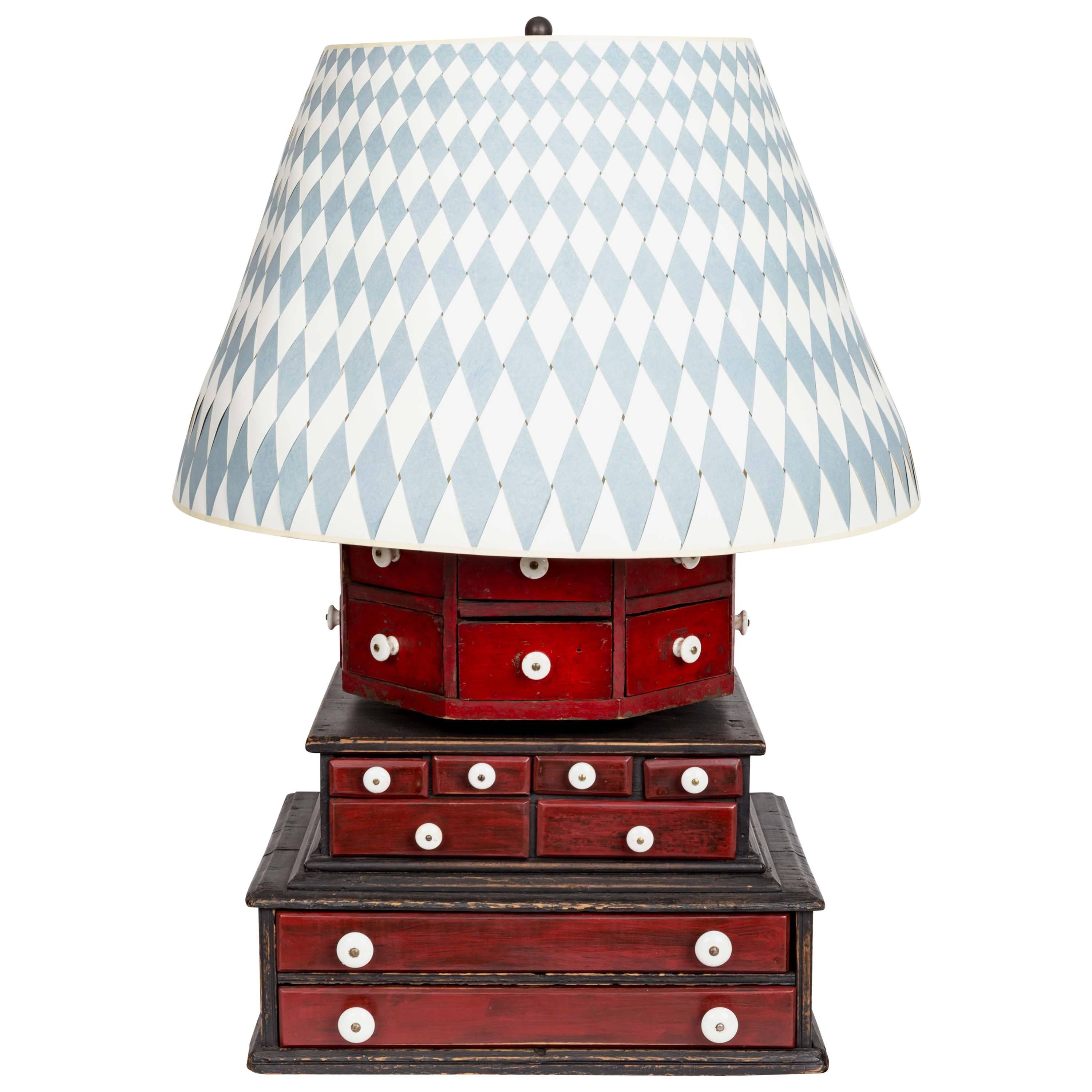 One-of-a-kind 'Diamond & Baratta' Large-Scale Sewing Box Lamp For Sale