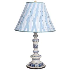 Antique 19th Century Delft Candlestick Lamp w/ Custom Diamond & Baratta Grosgrain Shade