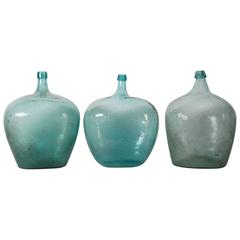 Used 20th Century Set of Three Green Handblow Bottles or Demijohns from Oaxaca Mexico