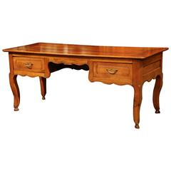 Large 19th Century Louis XV Country French Carved Cherry Desk with Drawers