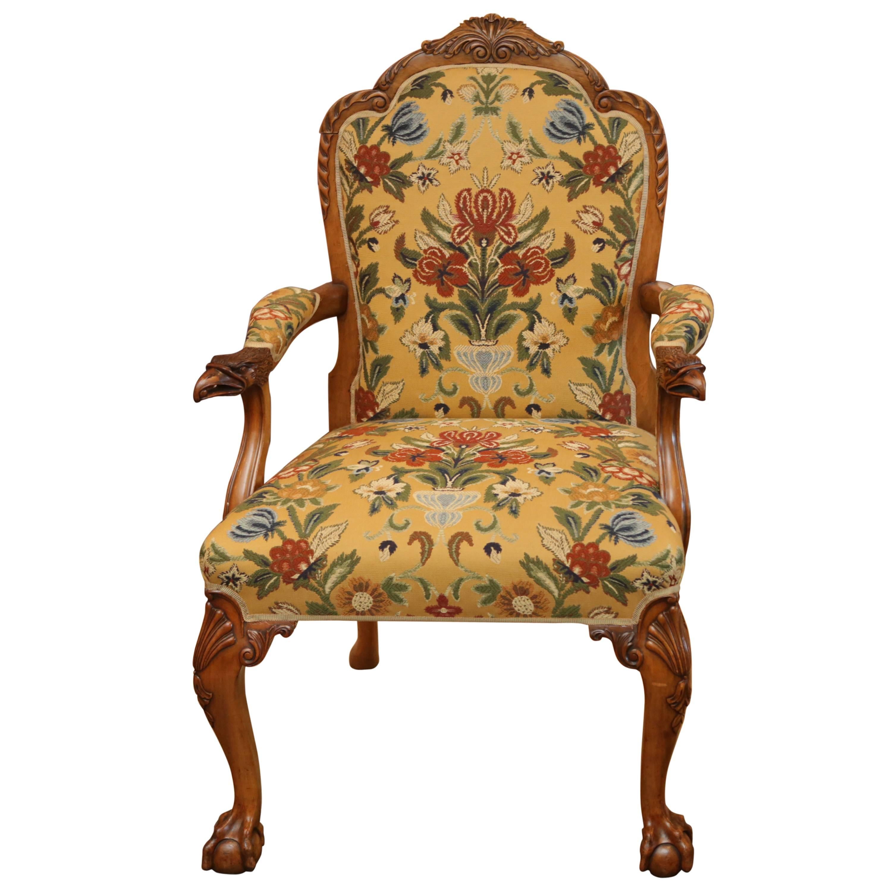 Carved Eagle Armchair with Floral Upholstery