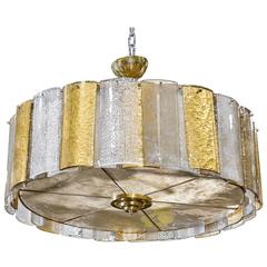 Large Murano Hanging Drum Shaped Fixture with Gold and Clear Glass Panels