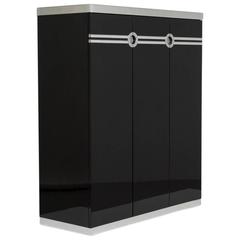 Tall Pierre Cardin Jet Black Lacquered Three-Door Cabinet, 1980s