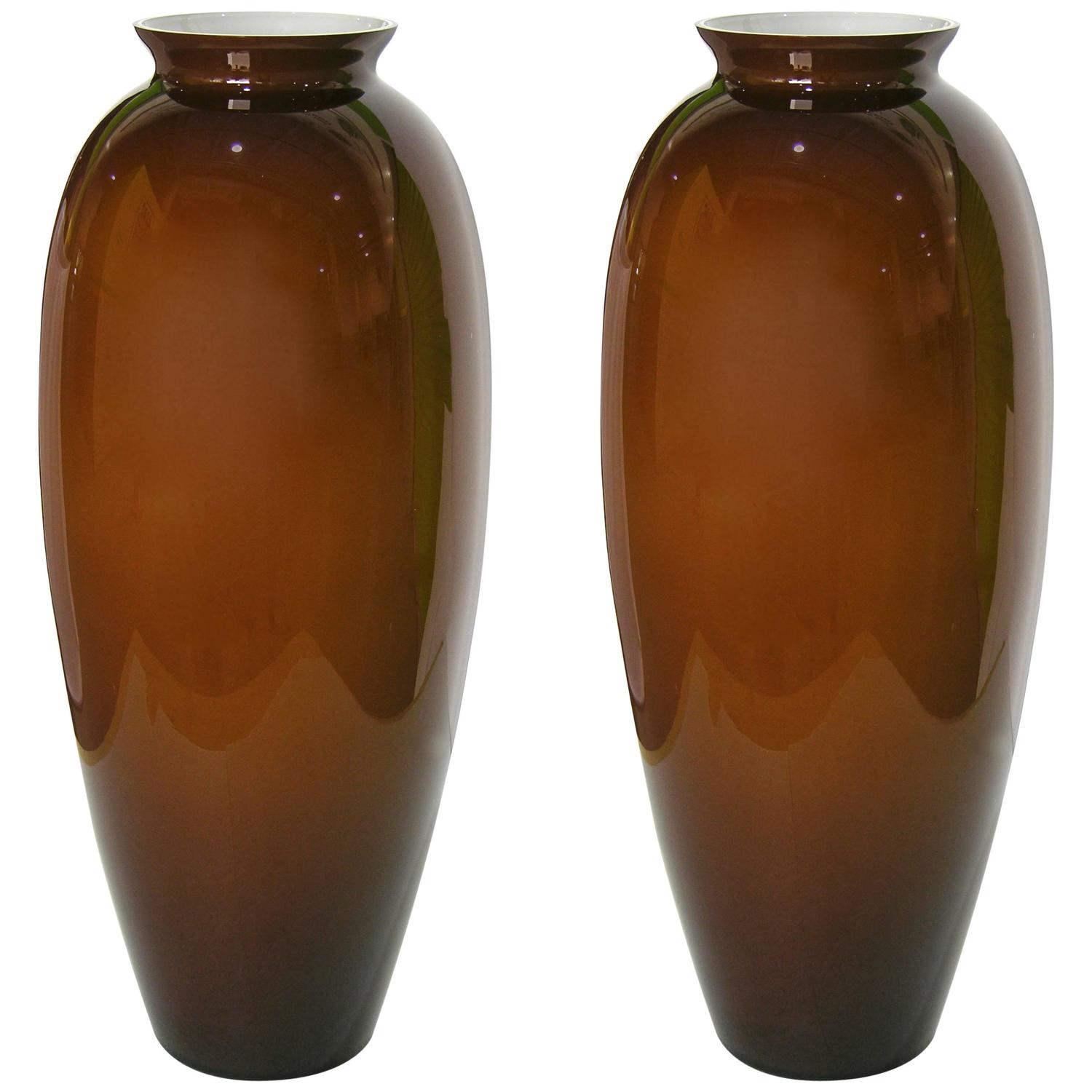 1980 Modern Italian Pair of Tall Brown Murano Glass Vases with White