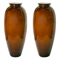 1980 Italian Vintage Pair of Golden Polished Brown Murano Glass Tall Vases