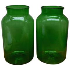 Pair of 19th Century Handblown Italian Green Glass Jars or Vases