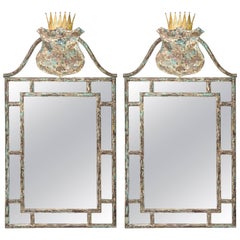 Provencal Painted Tole Mirrors with Crown Decoration on the Top