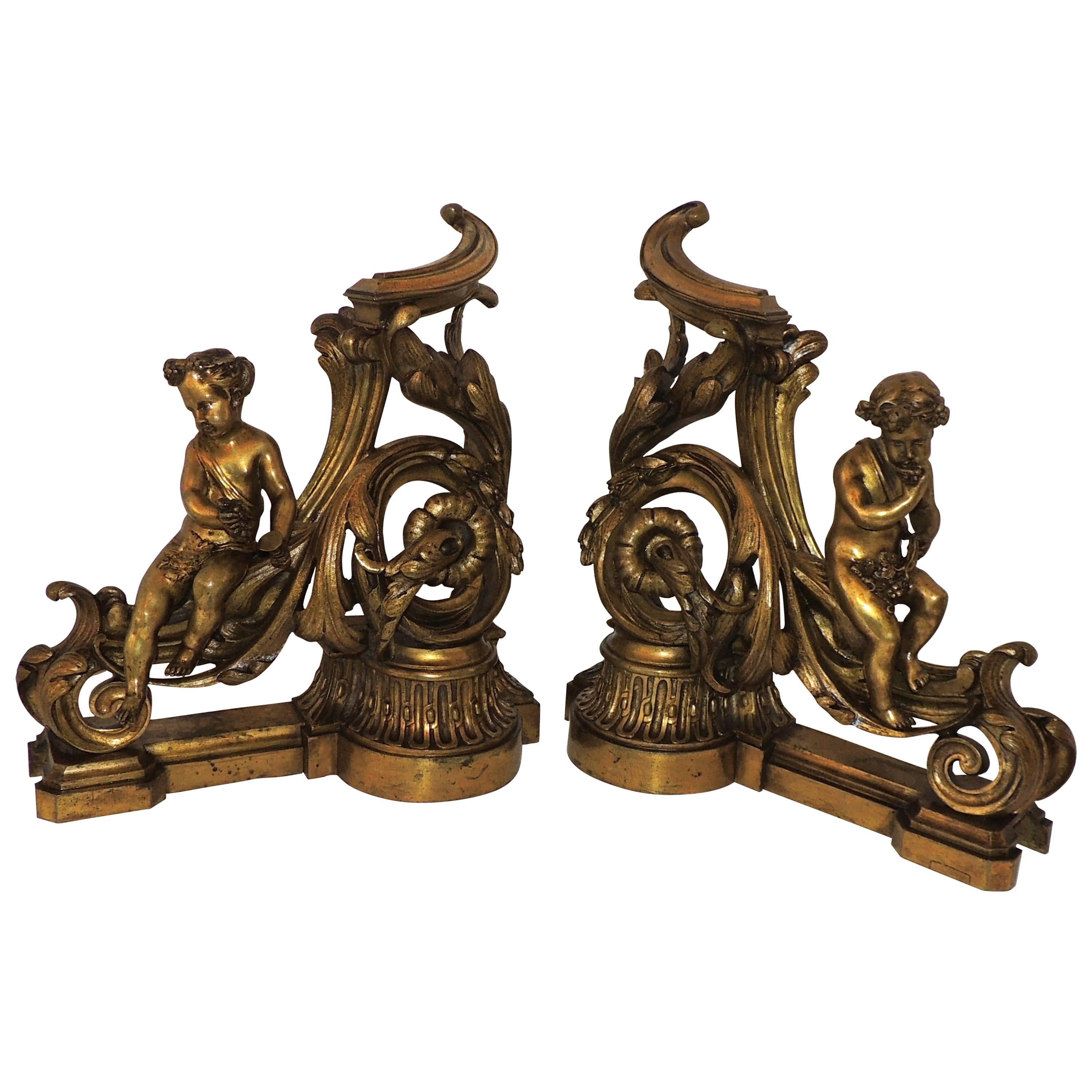Wonderful French Gilt Bronze Cherub Putti Fireplace Fire Place Chenets Andirons For Sale