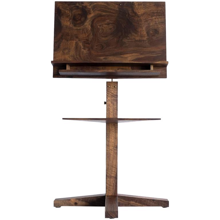 Modern Solid Claro Walnut and Polished Brass Adjustable Music Stand with Storage For Sale at 1stdibs
