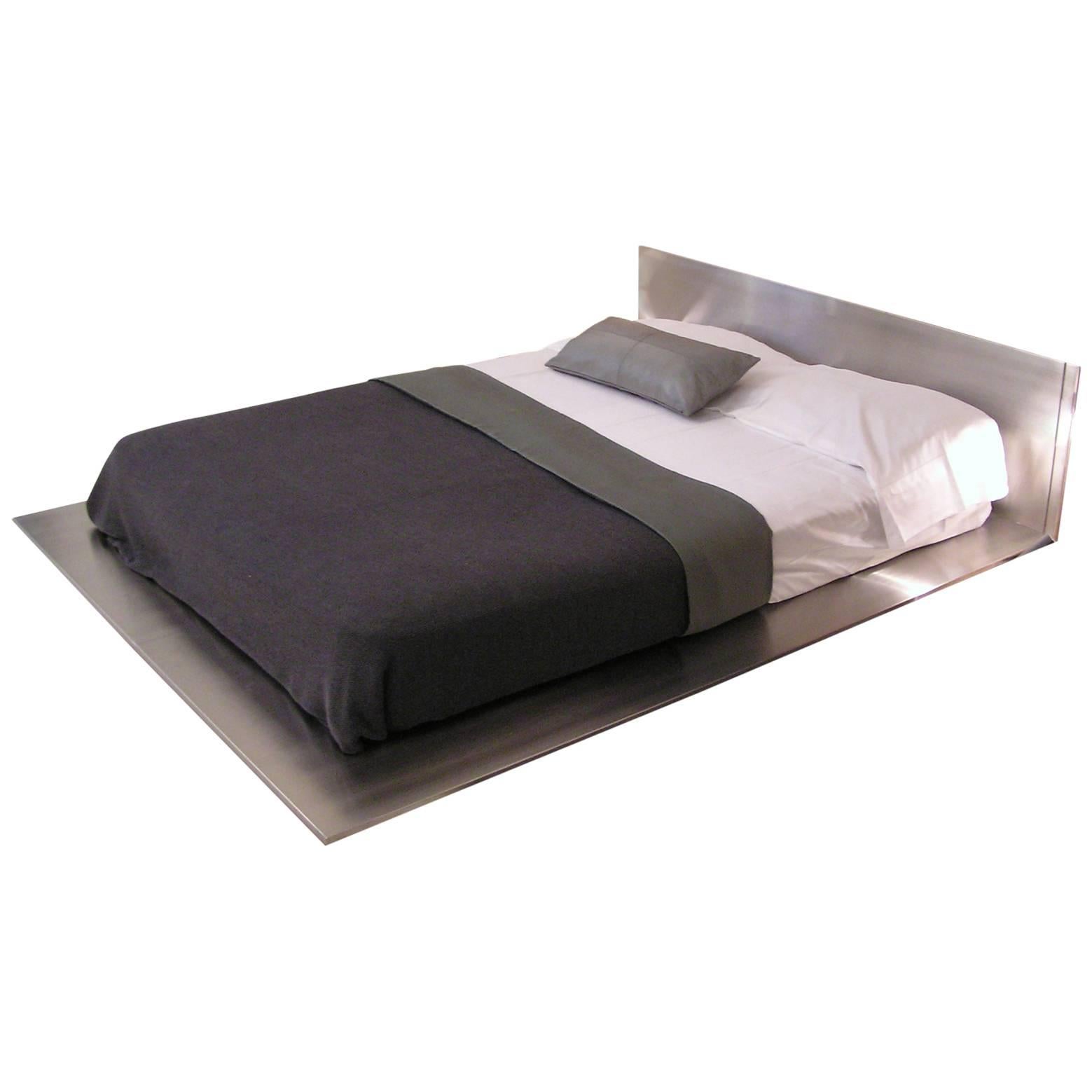 Contemporary Minimal Platform Bed in Brushed Stainless Steel For Sale