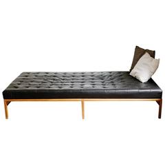 Daybed in Teak and Black Leather Upholstery in Capitonné, Denmark, circa 1960s