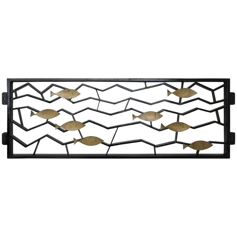 Pair of Metal Geometric Fence or Art Object with Golden Fish For Sale at  1stDibs