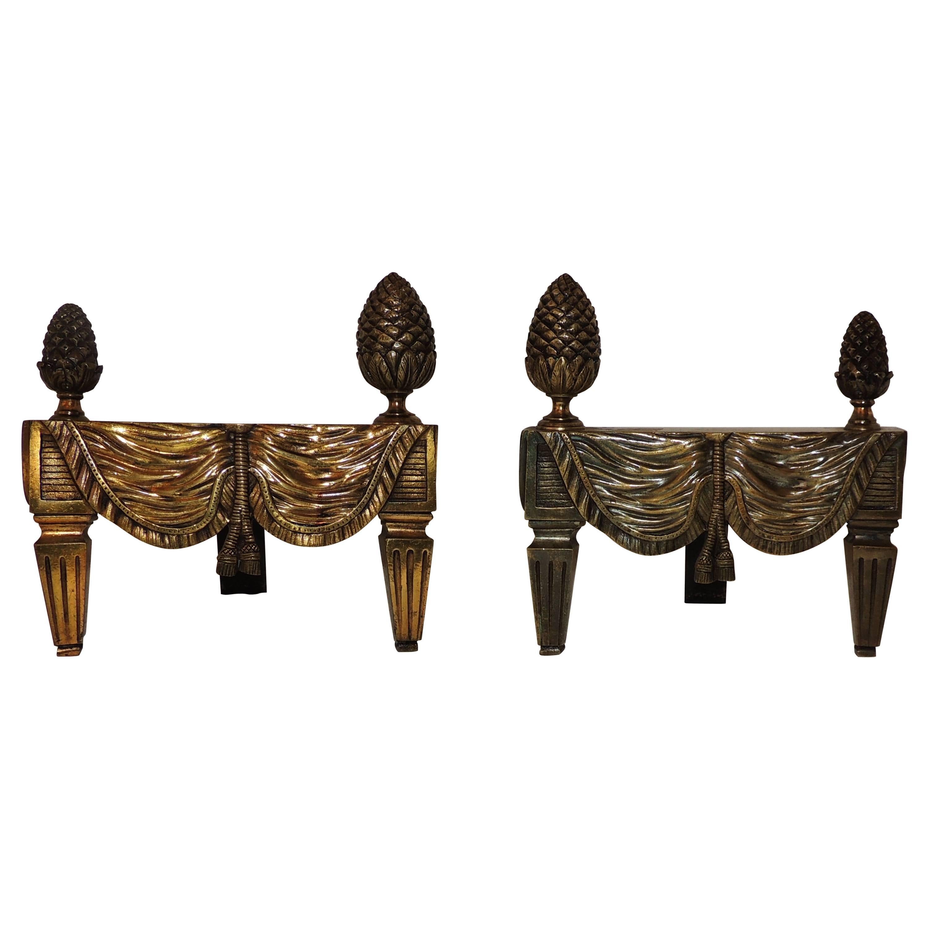 Wonderful French Bronze Neoclassical Fireplace Draped Fabric Chenets Andirons